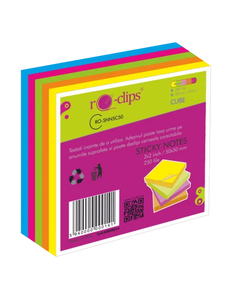 CUB STICKY NOTES RO-CLIPS 50X50MM NEON 5 CUL 250F RO-SNN5C50